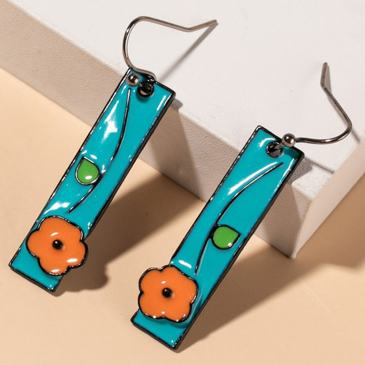 1 Pair Women Earrings Painted Flower Jewelry All Match Rectangle Long Hook Earrings for Dating Image 8