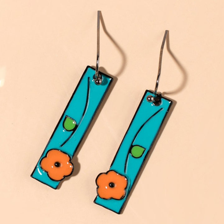 1 Pair Women Earrings Painted Flower Jewelry All Match Rectangle Long Hook Earrings for Dating Image 9