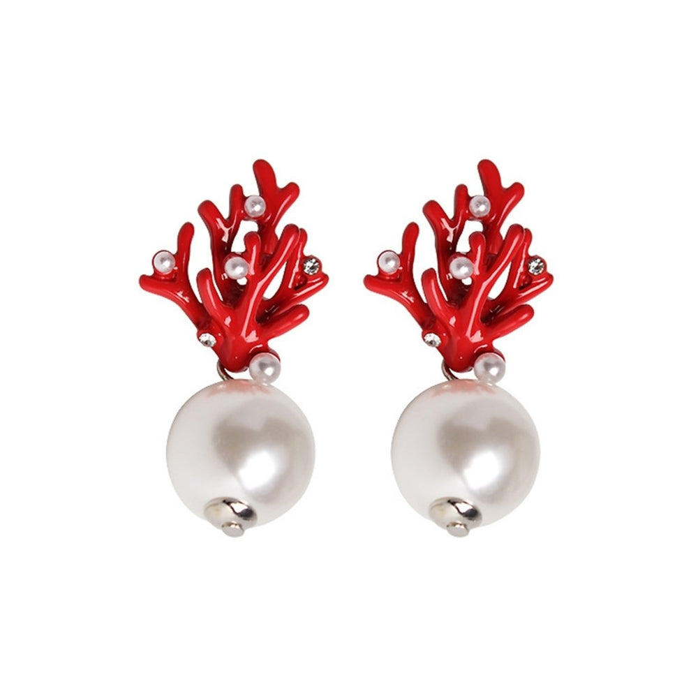 1 Pair Ear Studs Coral Shape Faux Pearl Jewelry Cute All Match Lightweight Stud Earrings for Dating Image 2