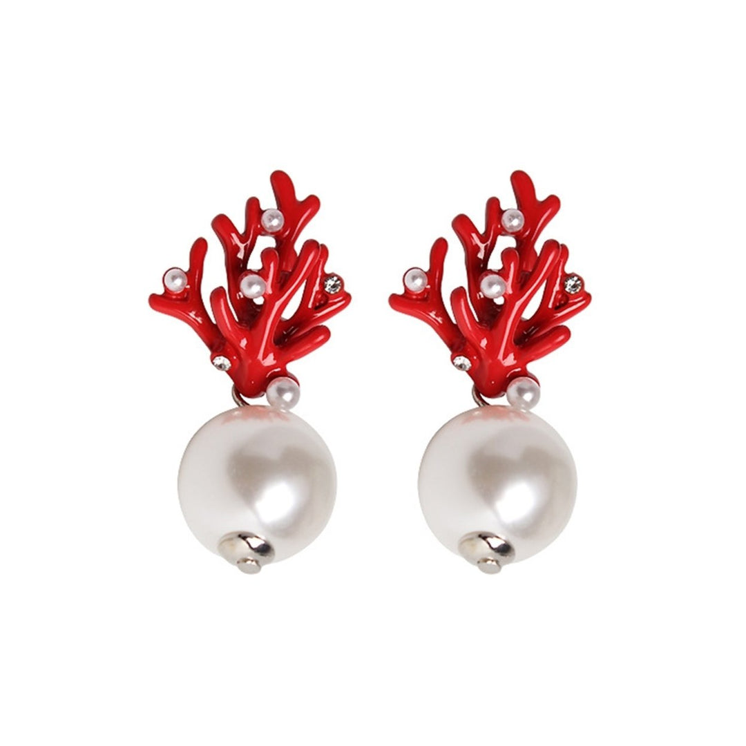 1 Pair Ear Studs Coral Shape Faux Pearl Jewelry Cute All Match Lightweight Stud Earrings for Dating Image 1
