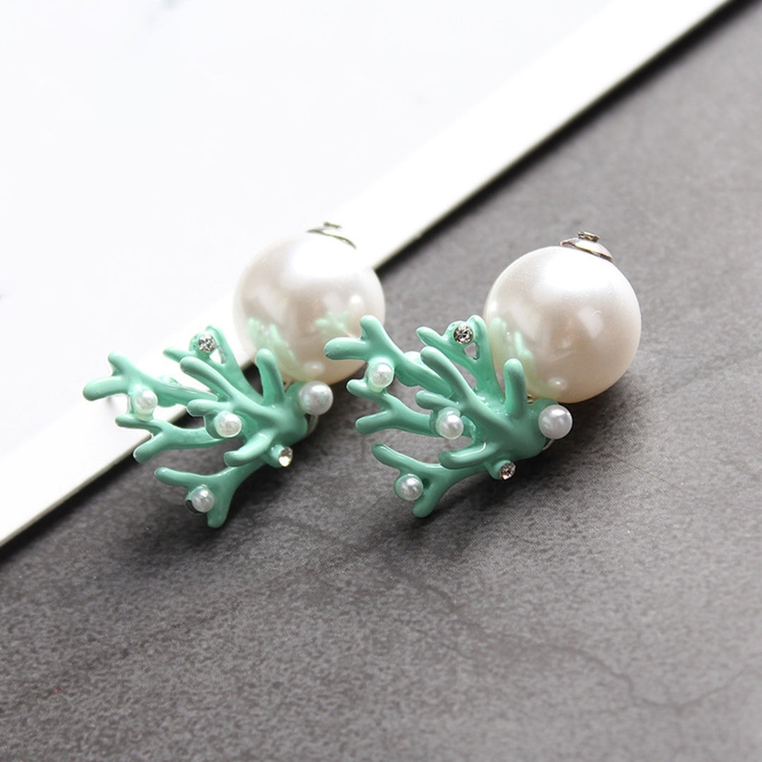 1 Pair Ear Studs Coral Shape Faux Pearl Jewelry Cute All Match Lightweight Stud Earrings for Dating Image 4