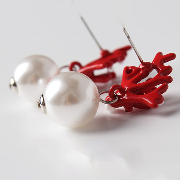 1 Pair Ear Studs Coral Shape Faux Pearl Jewelry Cute All Match Lightweight Stud Earrings for Dating Image 8