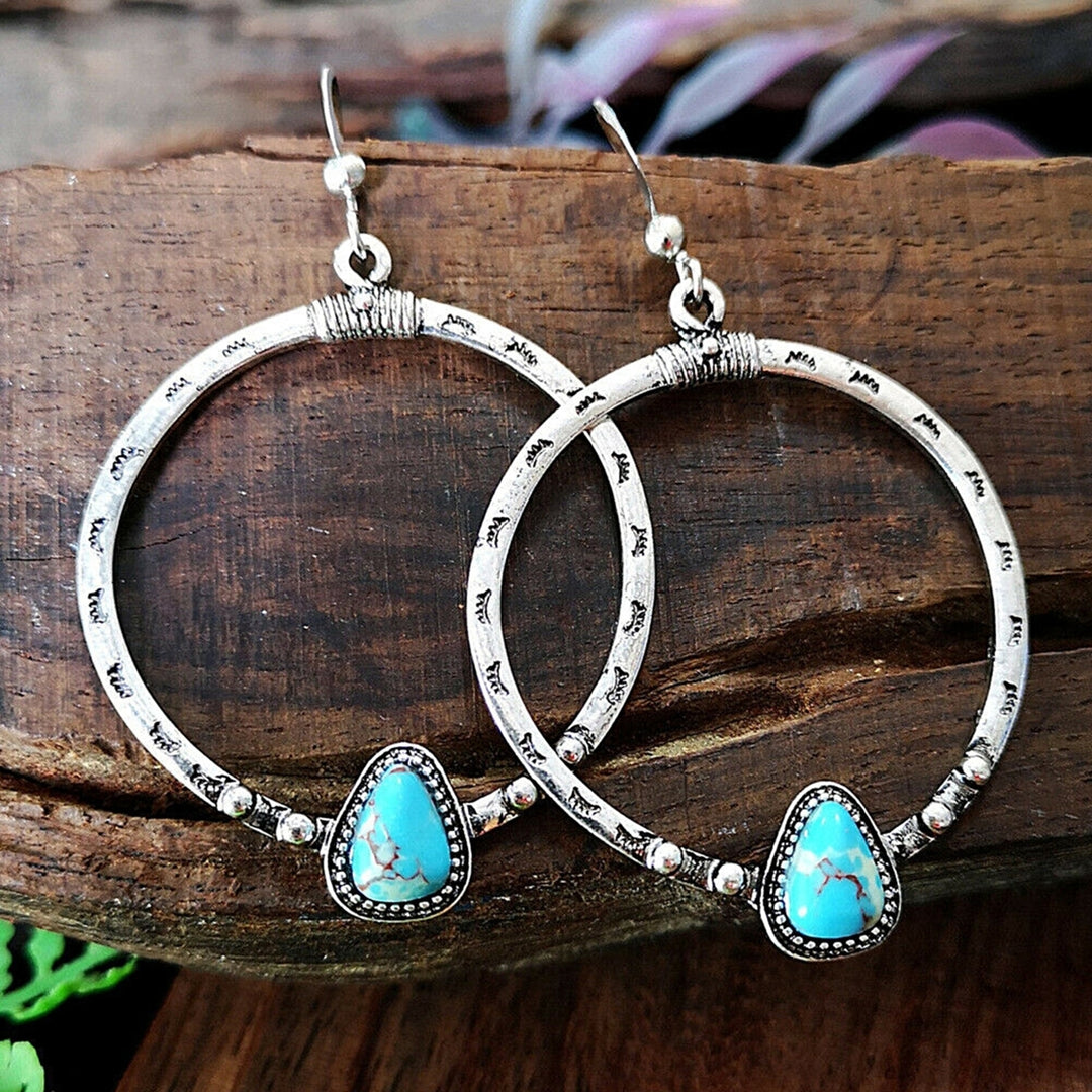 1 Pair Women Drop Earrings Large Circle Pendant Blue Faux Stone Jewelry Eyelash Pattern All Match Long Earrings for Image 1