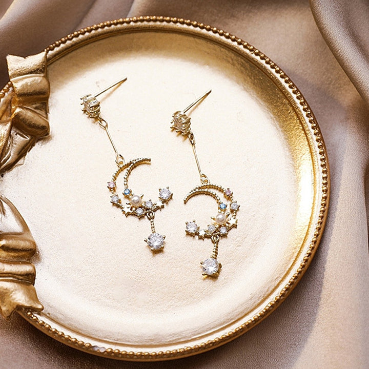 1 Pair Women Dangle Earrings Moon Tassel Rhinestone Colorful All Match Stud Earrings for Wedding Image 3