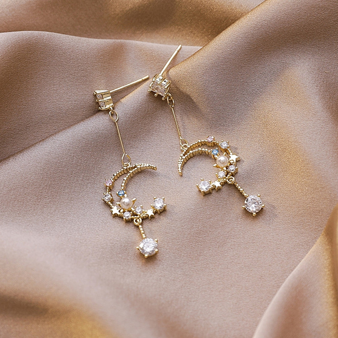 1 Pair Women Dangle Earrings Moon Tassel Rhinestone Colorful All Match Stud Earrings for Wedding Image 4