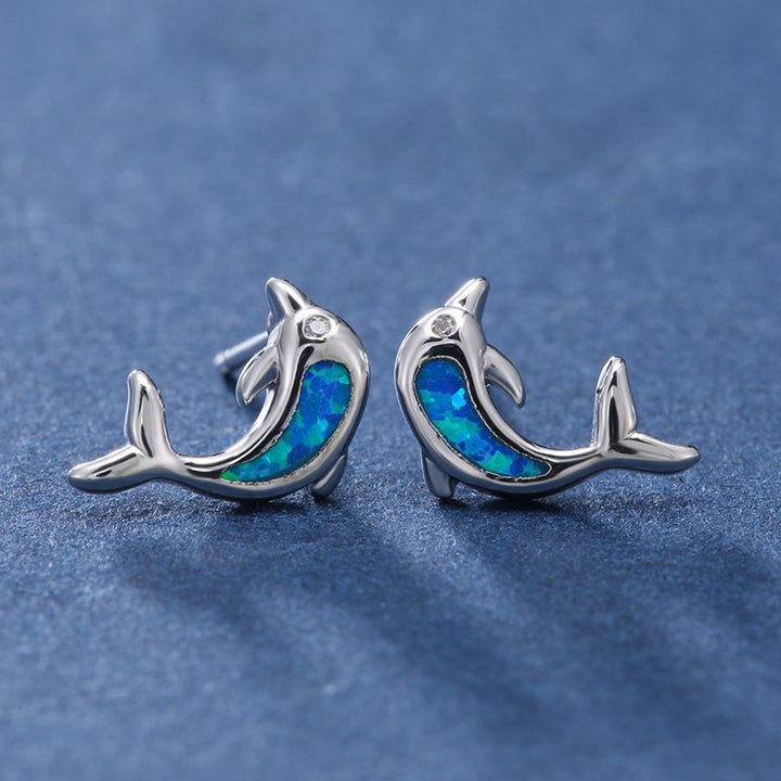 1 Pair Lady Ear Studs Dolphin Shape Colored Faux Stone Jewelry Lightweight Cute Animal Stud Earrings for Dating Image 1