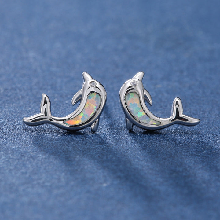 1 Pair Lady Ear Studs Dolphin Shape Colored Faux Stone Jewelry Lightweight Cute Animal Stud Earrings for Dating Image 2