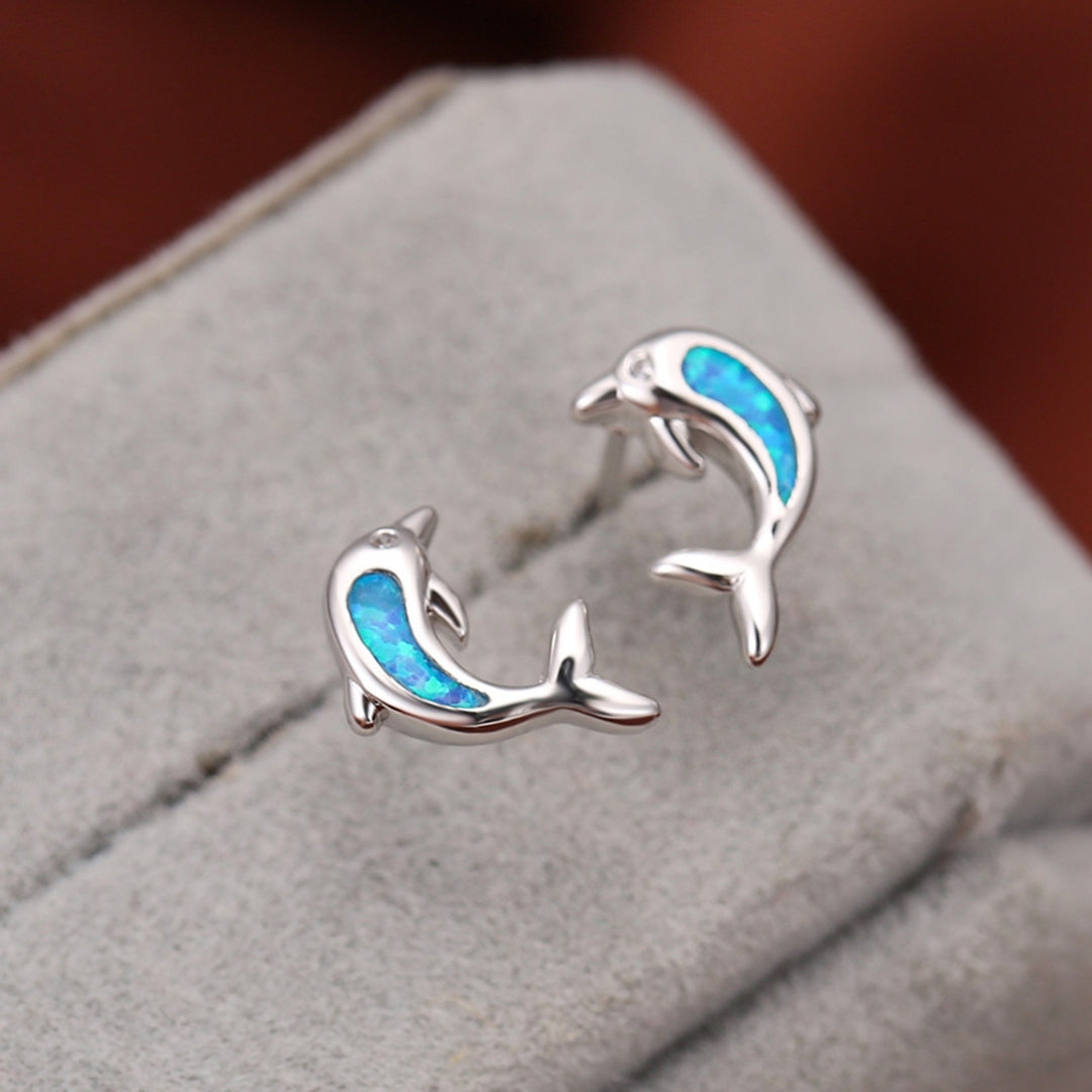 1 Pair Lady Ear Studs Dolphin Shape Colored Faux Stone Jewelry Lightweight Cute Animal Stud Earrings for Dating Image 3