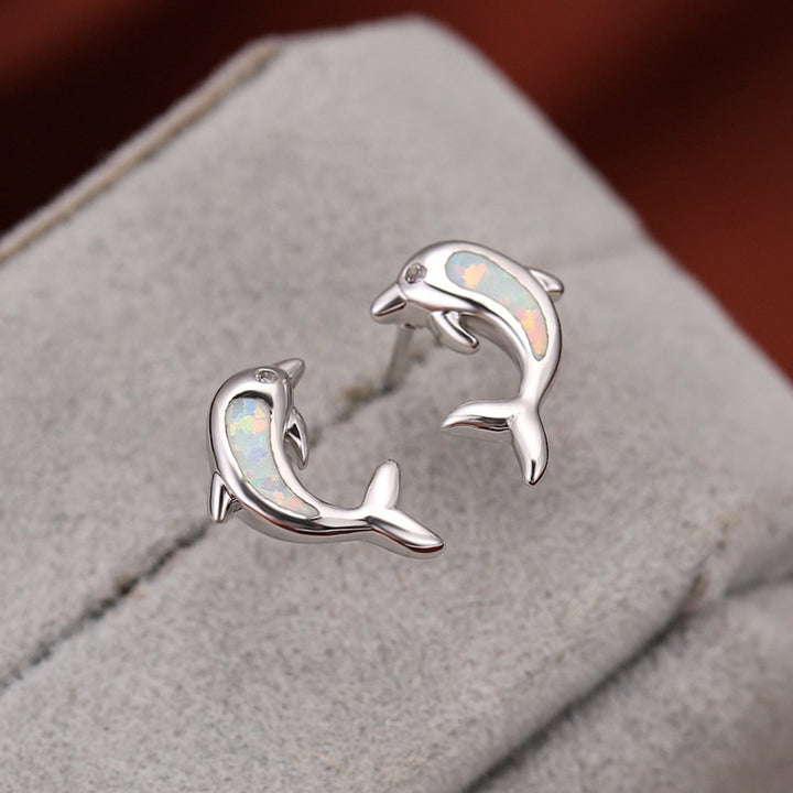 1 Pair Lady Ear Studs Dolphin Shape Colored Faux Stone Jewelry Lightweight Cute Animal Stud Earrings for Dating Image 4