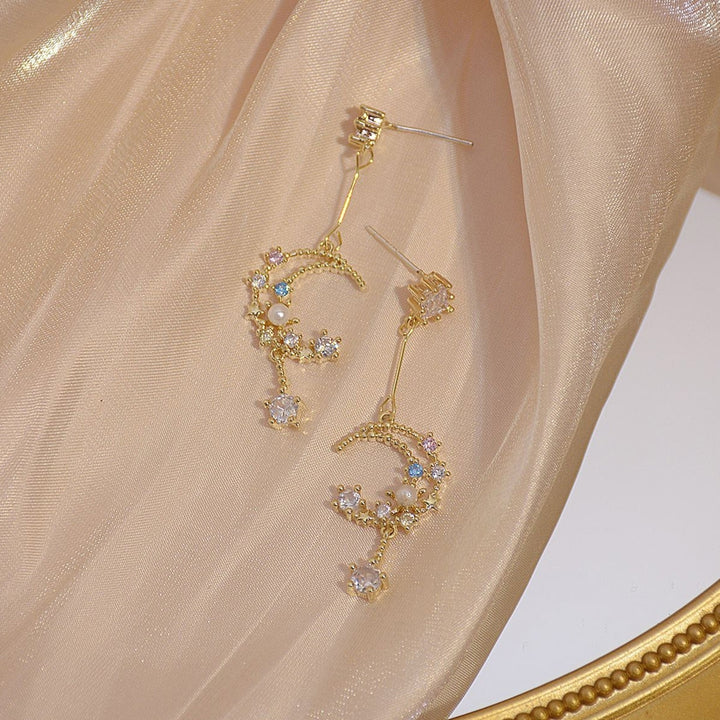 1 Pair Women Dangle Earrings Moon Tassel Rhinestone Colorful All Match Stud Earrings for Wedding Image 11