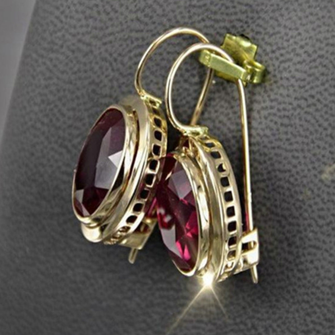 1 Pair Red Rhinestone Women Earrings Oval Alloy Hollow Shiny Clip Earrings Wedding Jewelry Image 9