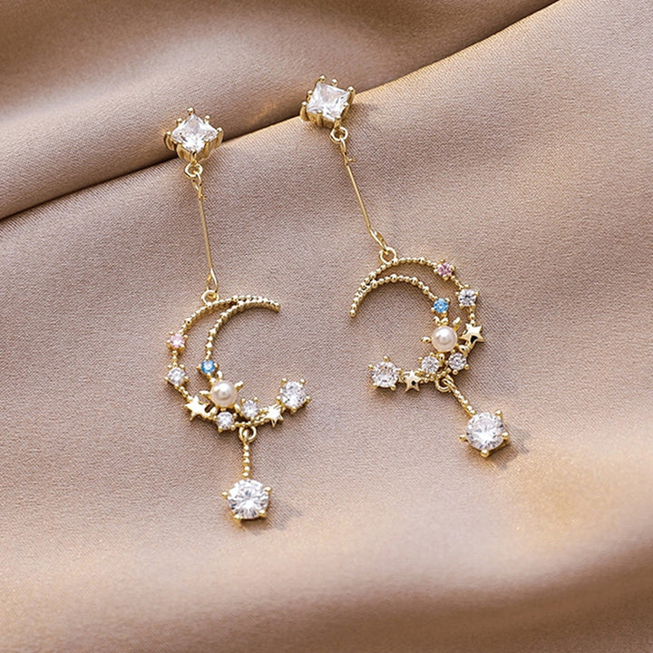 1 Pair Women Dangle Earrings Moon Tassel Rhinestone Colorful All Match Stud Earrings for Wedding Image 12