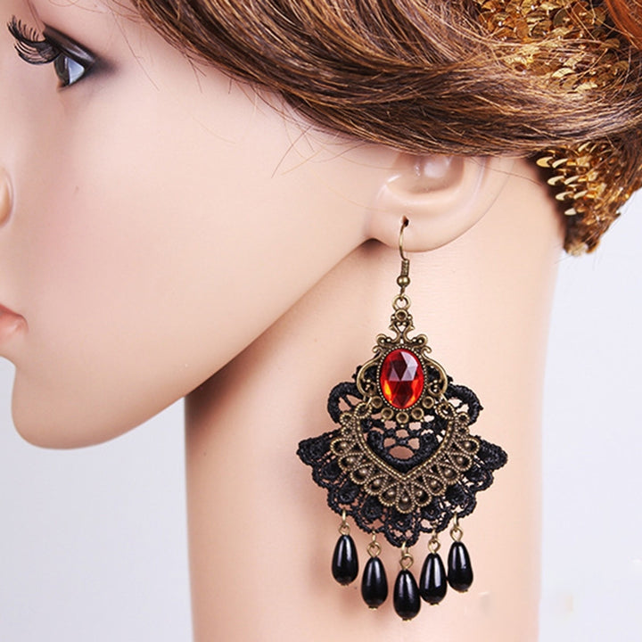 1 Pair Halloween Earrings Hollow Out Lace Exaggerated Jewelry Tassels Rhinestone Hook Earrings for Halloween Image 4