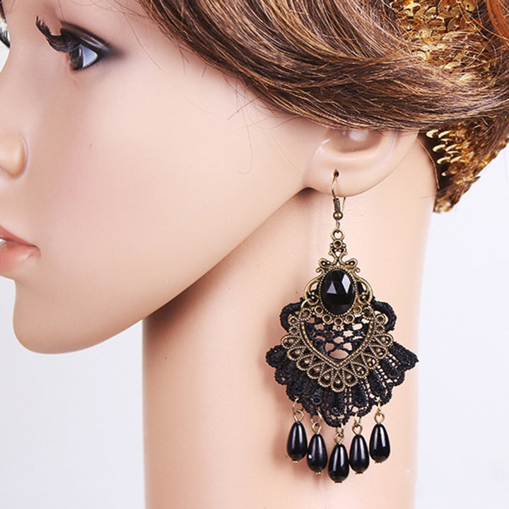 1 Pair Halloween Earrings Hollow Out Lace Exaggerated Jewelry Tassels Rhinestone Hook Earrings for Halloween Image 6