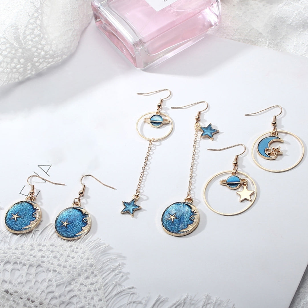 1 Pair Women Drop Earrings Cartoon Moon Star Asymmetric Jewelry Planet Pendant All Match Hook Earrings for Daily Wear Image 9
