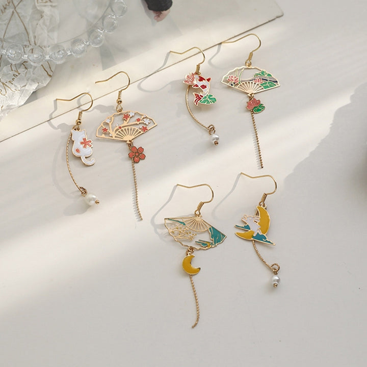 1 Pair Women Earrings Fan Crane Asymmetry Jewelry Animal Pendant Faux Pearl Painted Hook Earrings for Dating Image 1