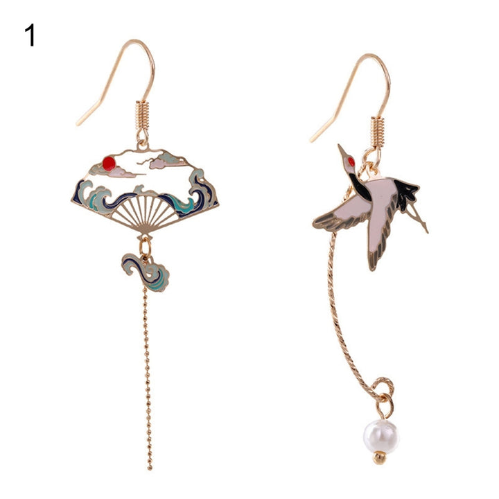 1 Pair Women Earrings Fan Crane Asymmetry Jewelry Animal Pendant Faux Pearl Painted Hook Earrings for Dating Image 2