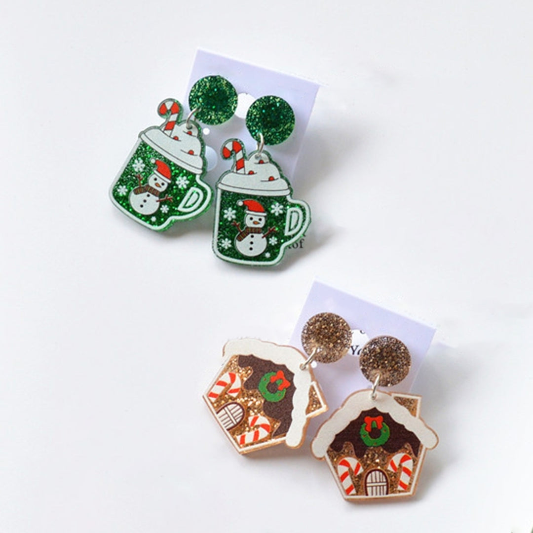 1 Pair Christmas Earrings House Pattern Glitter Women All Match Cup Snowman Stud Earrings for Party Image 1