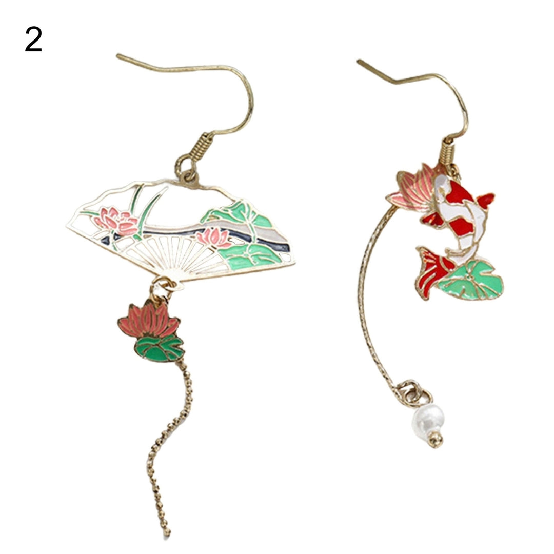 1 Pair Women Earrings Fan Crane Asymmetry Jewelry Animal Pendant Faux Pearl Painted Hook Earrings for Dating Image 3