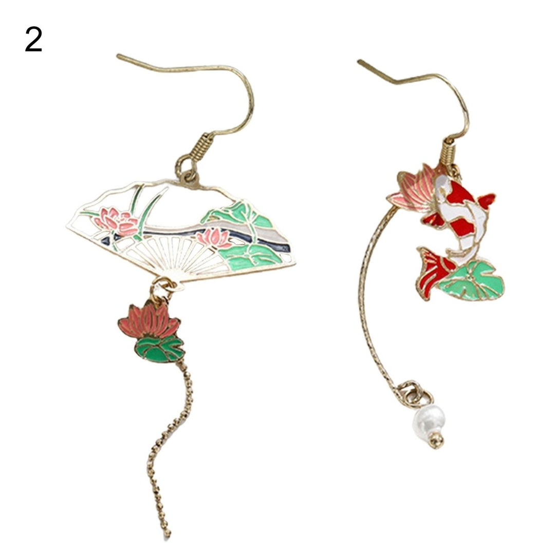 1 Pair Women Earrings Fan Crane Asymmetry Jewelry Animal Pendant Faux Pearl Painted Hook Earrings for Dating Image 1