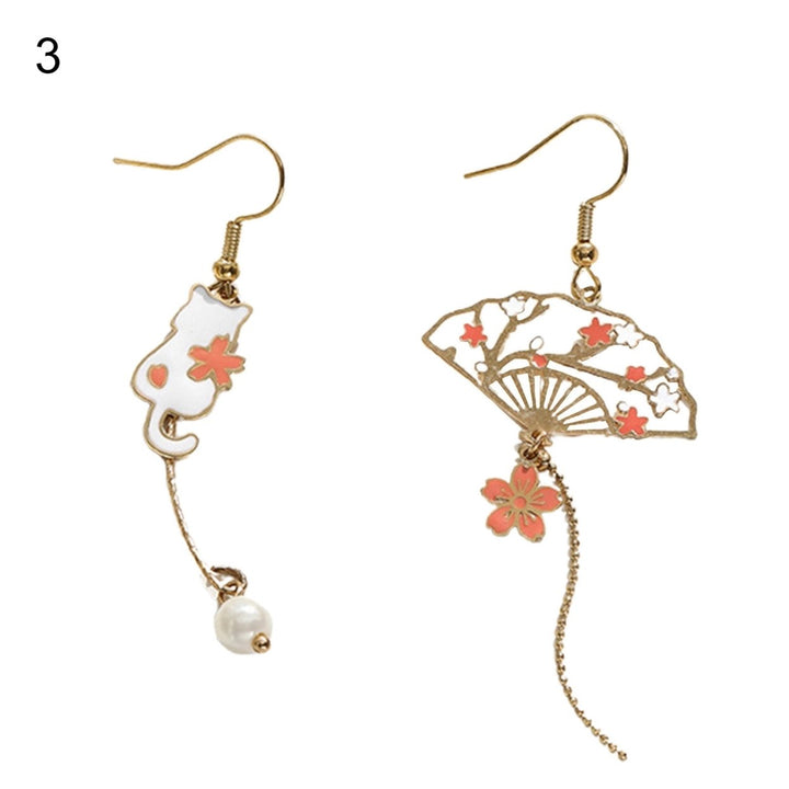 1 Pair Women Earrings Fan Crane Asymmetry Jewelry Animal Pendant Faux Pearl Painted Hook Earrings for Dating Image 1