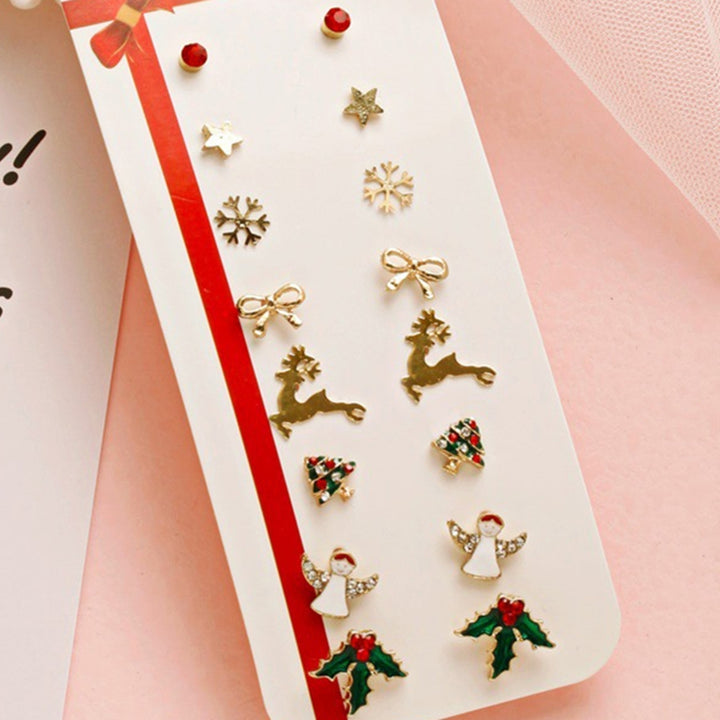 8 Pairs Bowknot Rhinestone Festive Women Earrings Christmas Tree Cane Snowman Stud Earrings Classic Jewelry Image 9