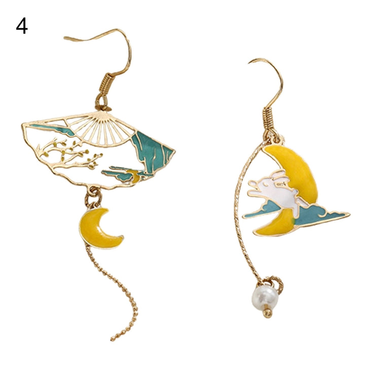 1 Pair Women Earrings Fan Crane Asymmetry Jewelry Animal Pendant Faux Pearl Painted Hook Earrings for Dating Image 4
