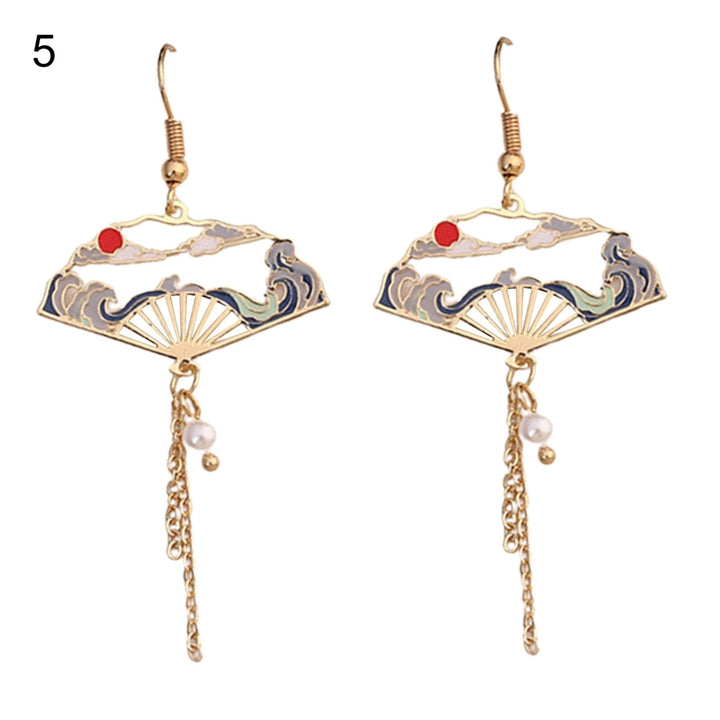 1 Pair Women Earrings Fan Crane Asymmetry Jewelry Animal Pendant Faux Pearl Painted Hook Earrings for Dating Image 6