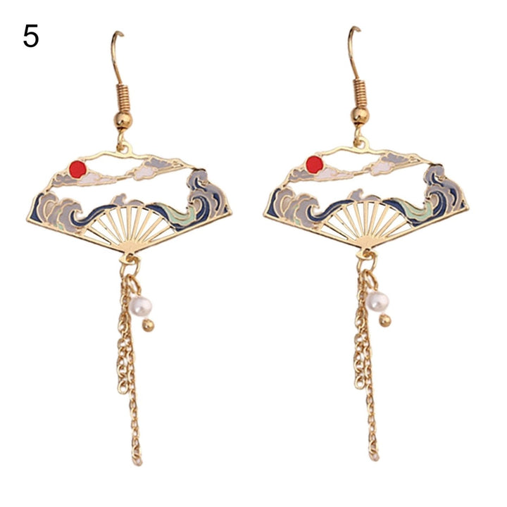 1 Pair Women Earrings Fan Crane Asymmetry Jewelry Animal Pendant Faux Pearl Painted Hook Earrings for Dating Image 1