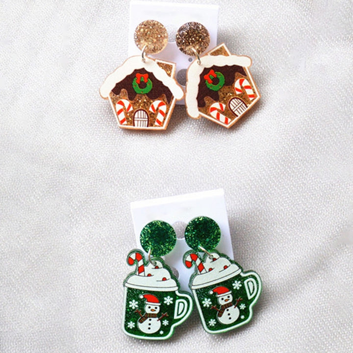1 Pair Christmas Earrings House Pattern Glitter Women All Match Cup Snowman Stud Earrings for Party Image 4