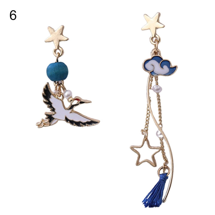 1 Pair Women Earrings Fan Crane Asymmetry Jewelry Animal Pendant Faux Pearl Painted Hook Earrings for Dating Image 1