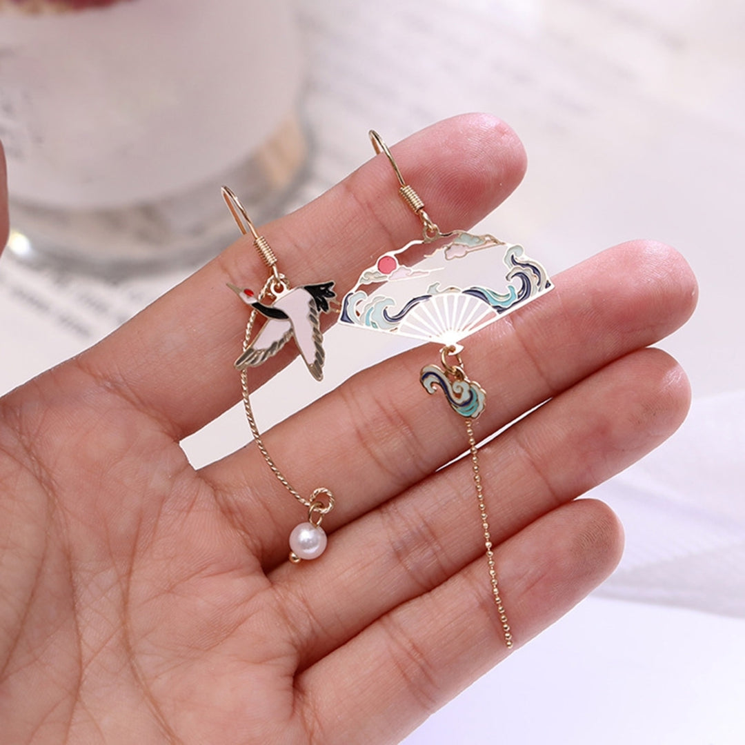1 Pair Women Earrings Fan Crane Asymmetry Jewelry Animal Pendant Faux Pearl Painted Hook Earrings for Dating Image 12