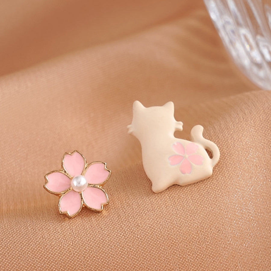 1 Pair White Cat Pink Flower Women Earrings Alloy Faux Pearl Asymmetric Stud Earrings Jewelry Accessory Image 1