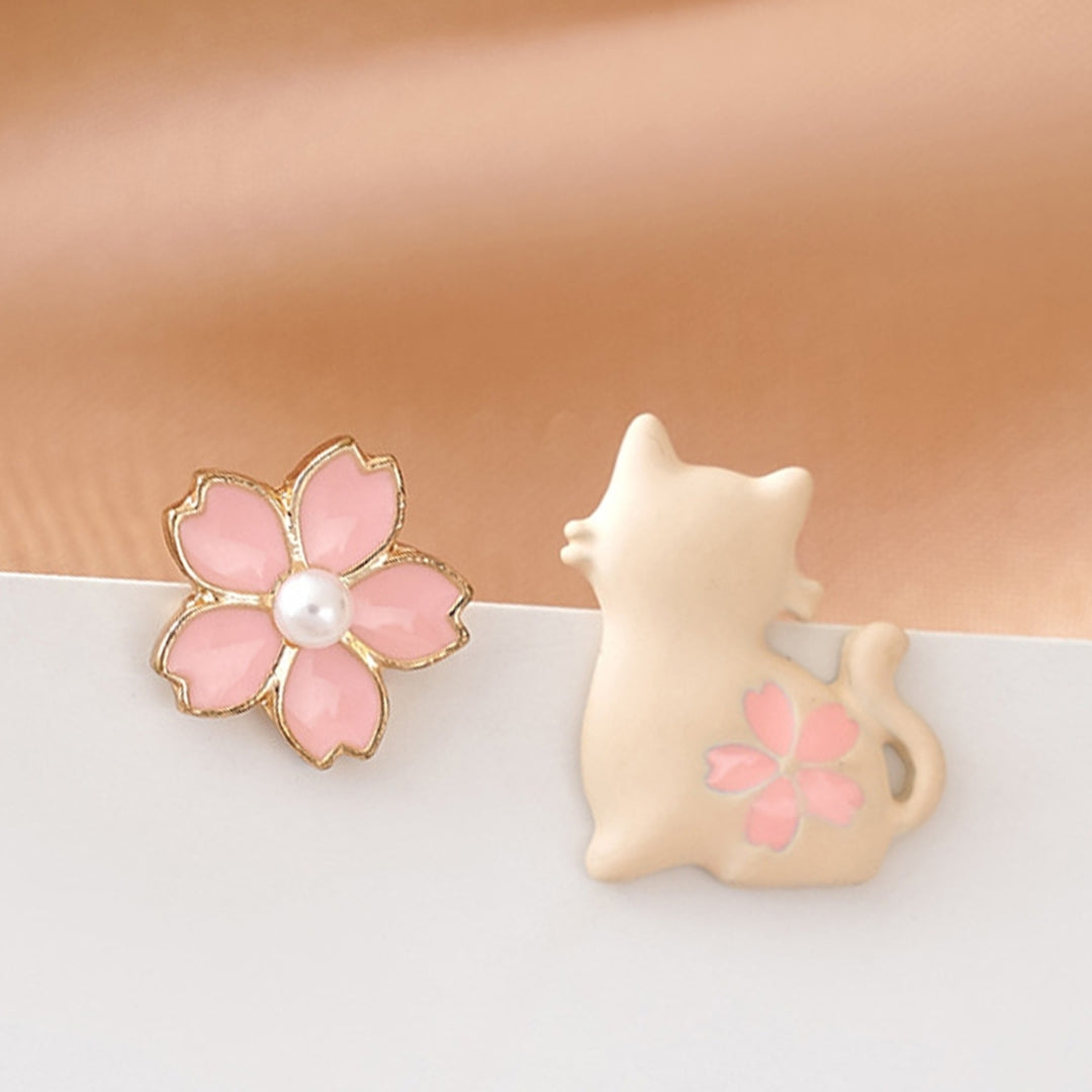 1 Pair White Cat Pink Flower Women Earrings Alloy Faux Pearl Asymmetric Stud Earrings Jewelry Accessory Image 2