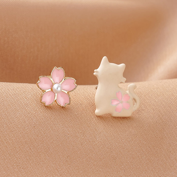 1 Pair White Cat Pink Flower Women Earrings Alloy Faux Pearl Asymmetric Stud Earrings Jewelry Accessory Image 3