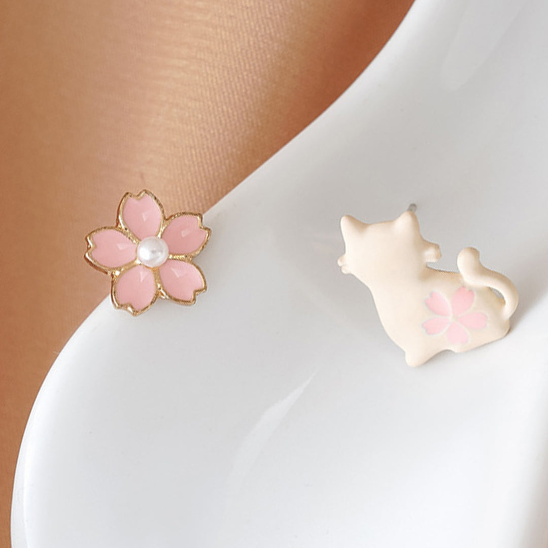 1 Pair White Cat Pink Flower Women Earrings Alloy Faux Pearl Asymmetric Stud Earrings Jewelry Accessory Image 6
