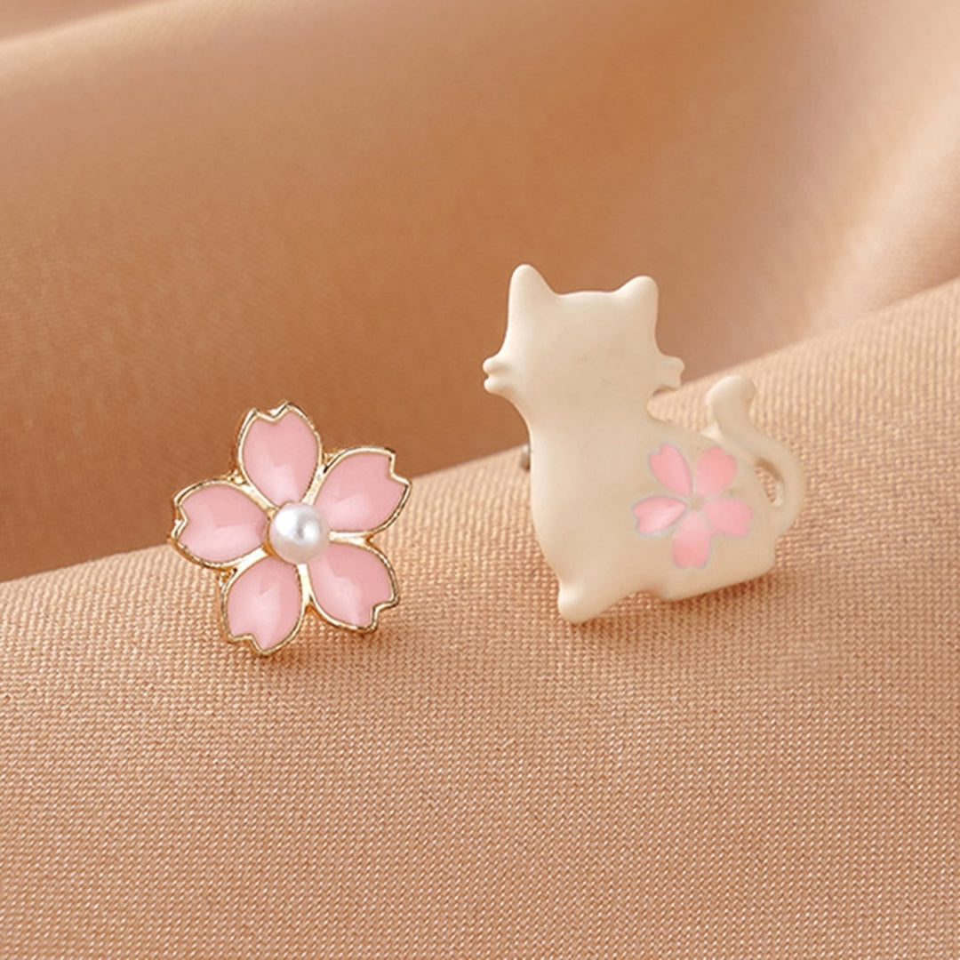 1 Pair White Cat Pink Flower Women Earrings Alloy Faux Pearl Asymmetric Stud Earrings Jewelry Accessory Image 7