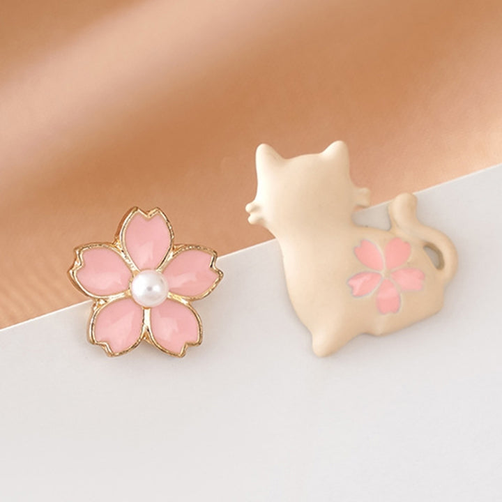 1 Pair White Cat Pink Flower Women Earrings Alloy Faux Pearl Asymmetric Stud Earrings Jewelry Accessory Image 8