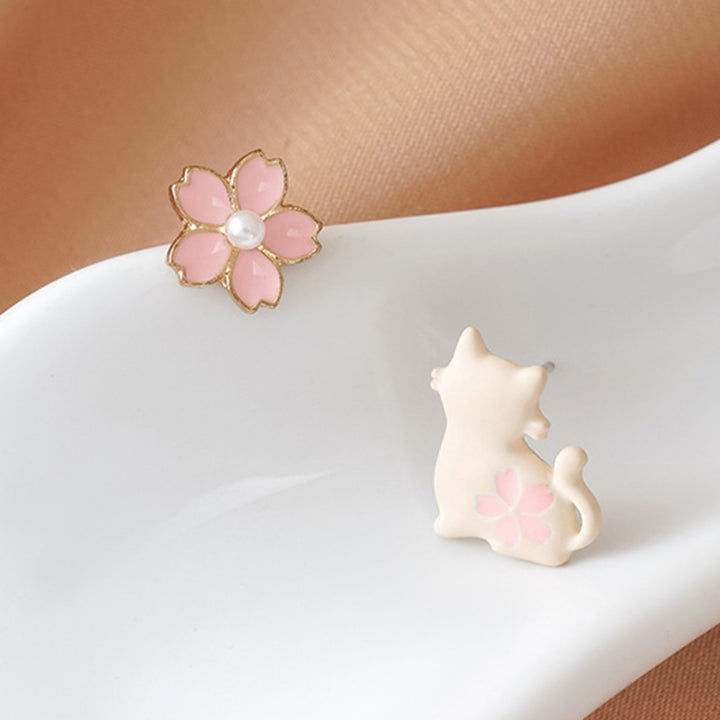 1 Pair White Cat Pink Flower Women Earrings Alloy Faux Pearl Asymmetric Stud Earrings Jewelry Accessory Image 9