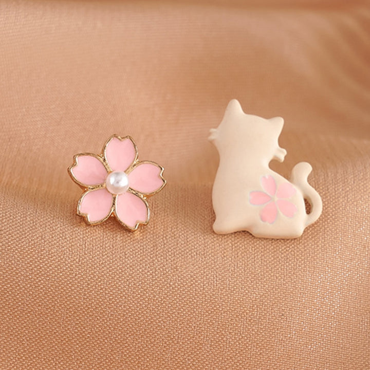 1 Pair White Cat Pink Flower Women Earrings Alloy Faux Pearl Asymmetric Stud Earrings Jewelry Accessory Image 10