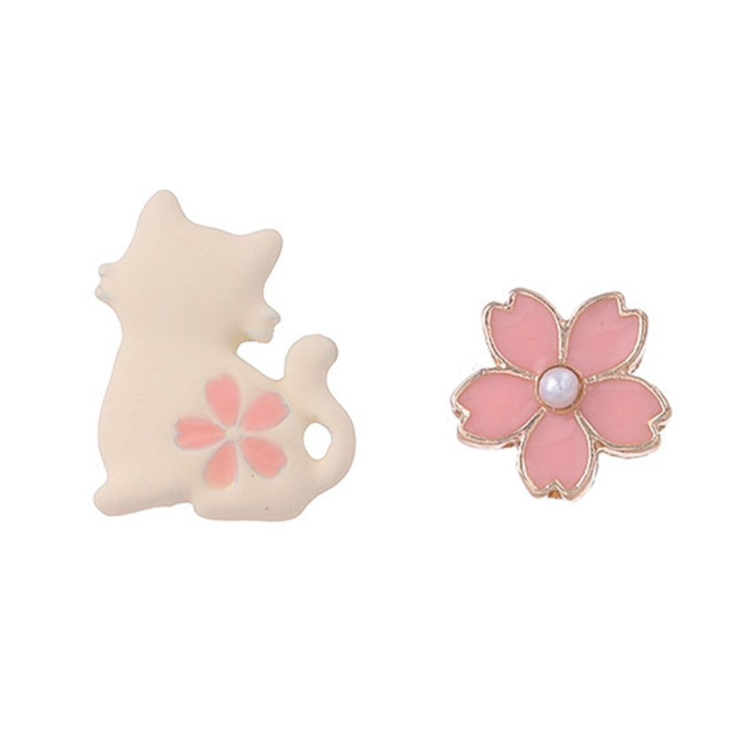 1 Pair White Cat Pink Flower Women Earrings Alloy Faux Pearl Asymmetric Stud Earrings Jewelry Accessory Image 11