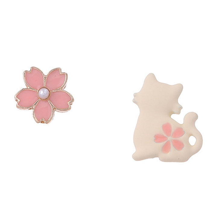 1 Pair White Cat Pink Flower Women Earrings Alloy Faux Pearl Asymmetric Stud Earrings Jewelry Accessory Image 12