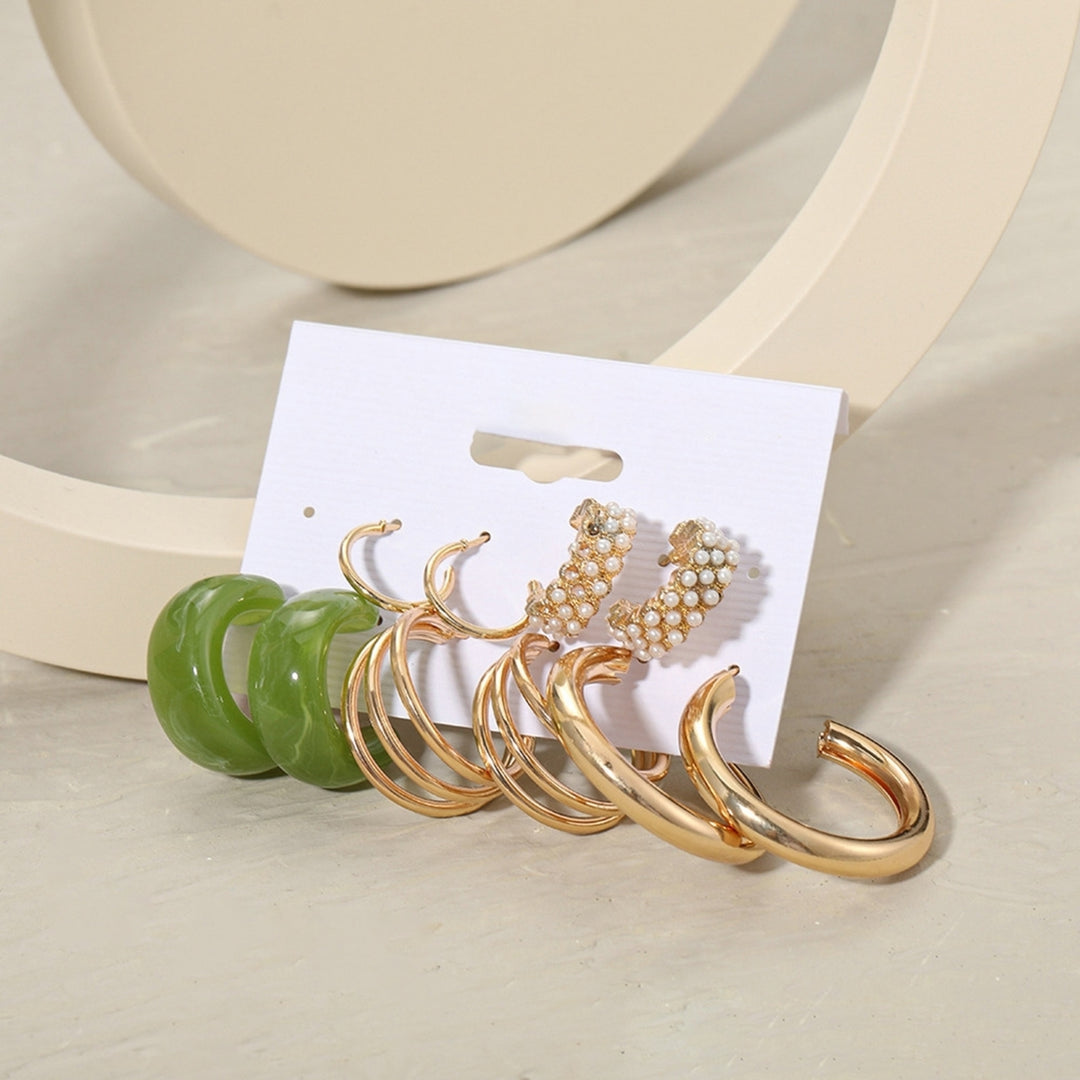 5 Pairs Hoop Earrings Round Shape Faux Pearls Metal Bohemian Geometry All Match Circle Earrings for Daily Wear Image 2