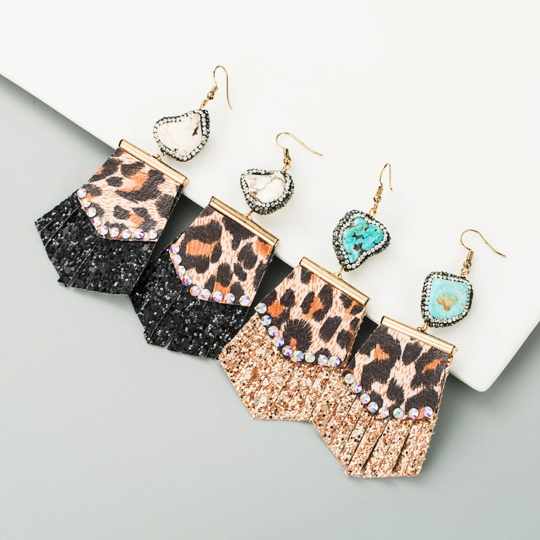 1 Pair Drop Earrings All Match Leopard Print Faux Leather Rhinestone Embedded Tassel Women Hook Earrings for Dating Image 1