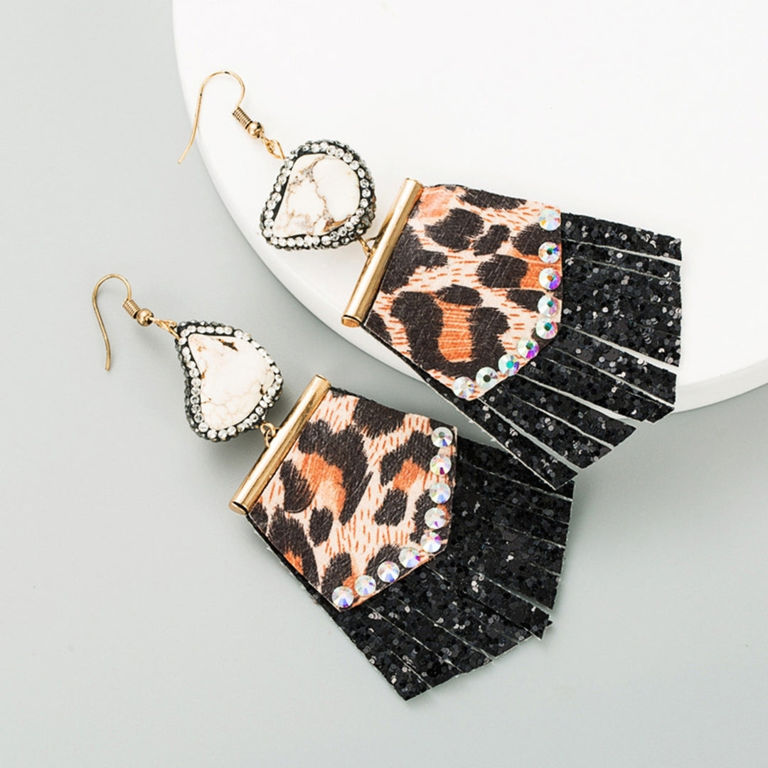 1 Pair Drop Earrings All Match Leopard Print Faux Leather Rhinestone Embedded Tassel Women Hook Earrings for Dating Image 2