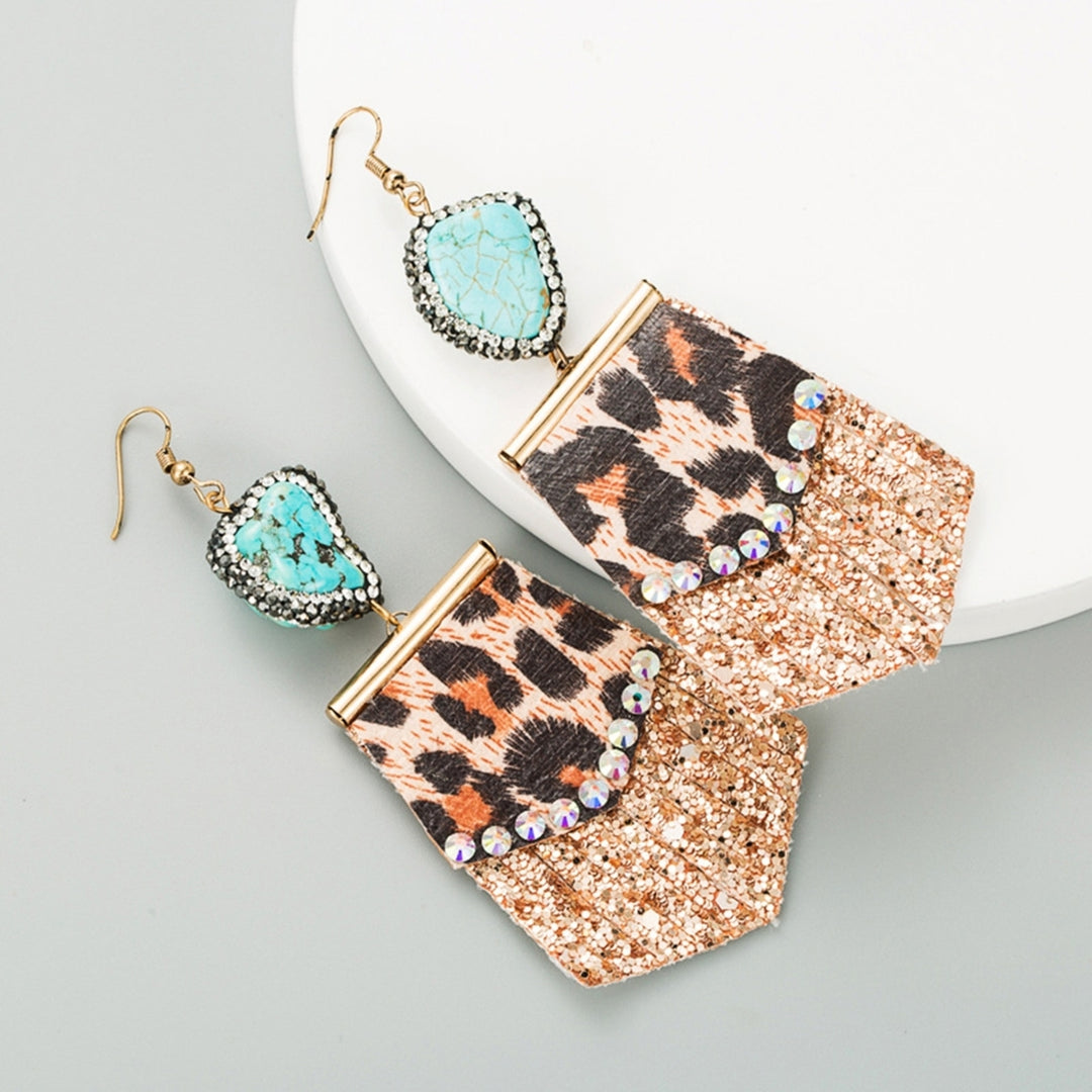 1 Pair Drop Earrings All Match Leopard Print Faux Leather Rhinestone Embedded Tassel Women Hook Earrings for Dating Image 3