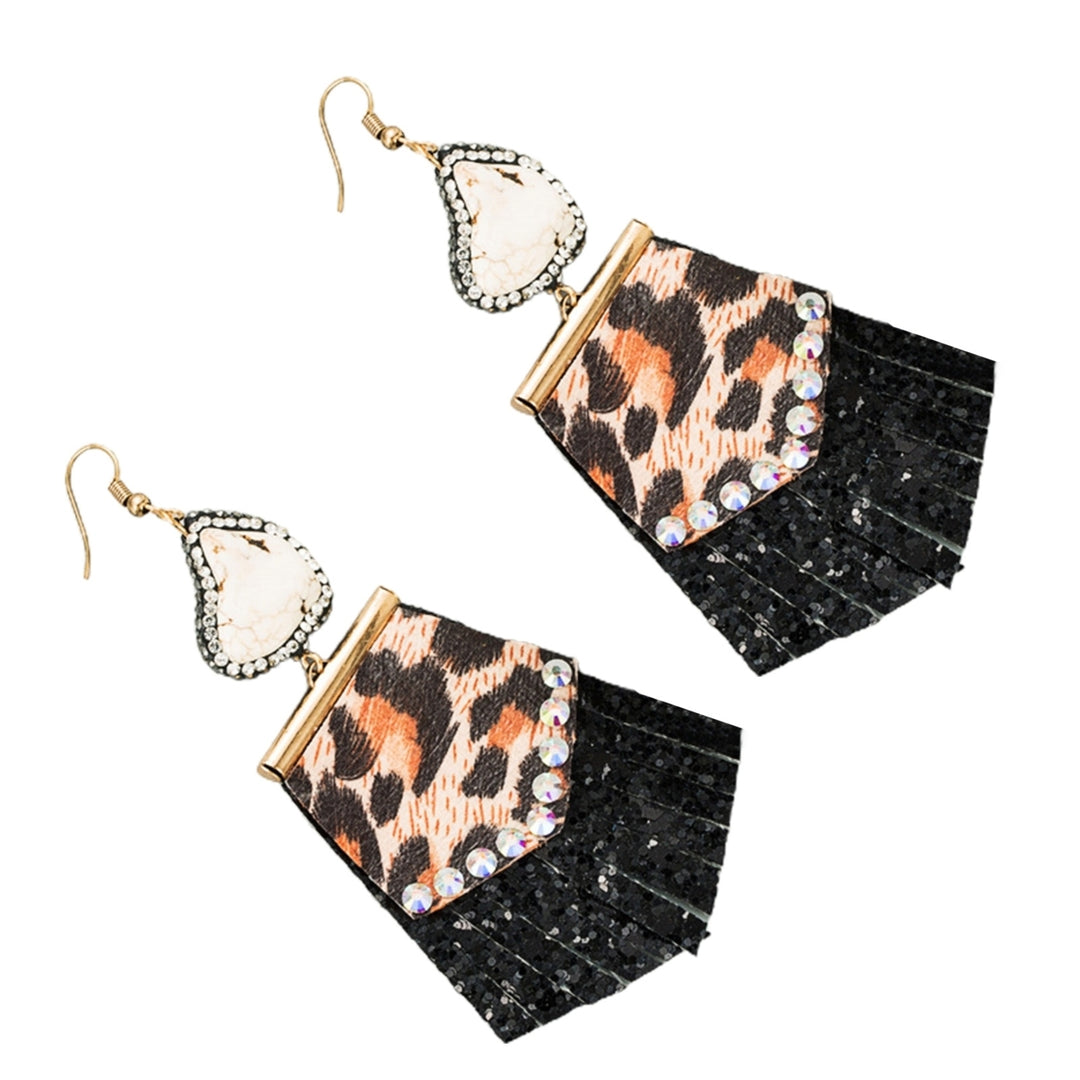 1 Pair Drop Earrings All Match Leopard Print Faux Leather Rhinestone Embedded Tassel Women Hook Earrings for Dating Image 8