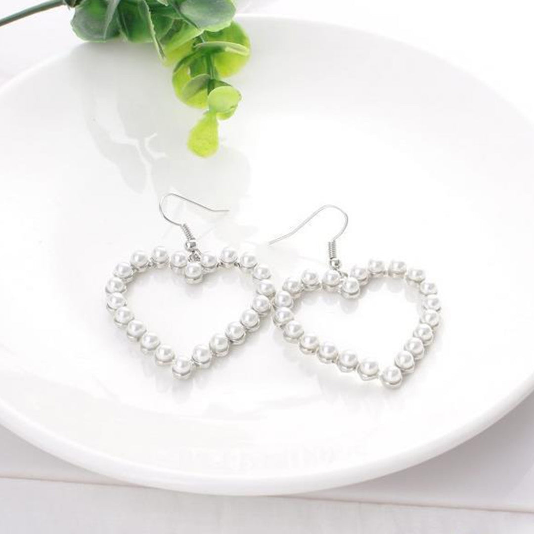 1 Pair Hook Earrings Heart Shape Pendant Imitation Pearls Jewelry Hollow Out Exquisite Dangle Earrings for Dating Image 4