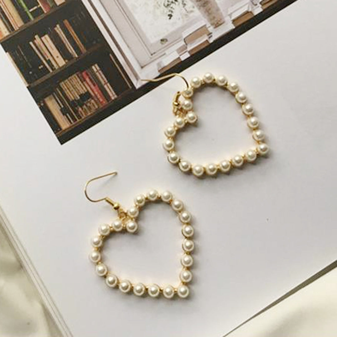 1 Pair Hook Earrings Heart Shape Pendant Imitation Pearls Jewelry Hollow Out Exquisite Dangle Earrings for Dating Image 10