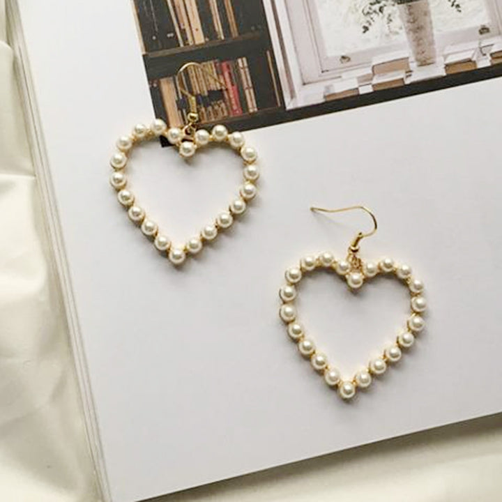 1 Pair Hook Earrings Heart Shape Pendant Imitation Pearls Jewelry Hollow Out Exquisite Dangle Earrings for Dating Image 11